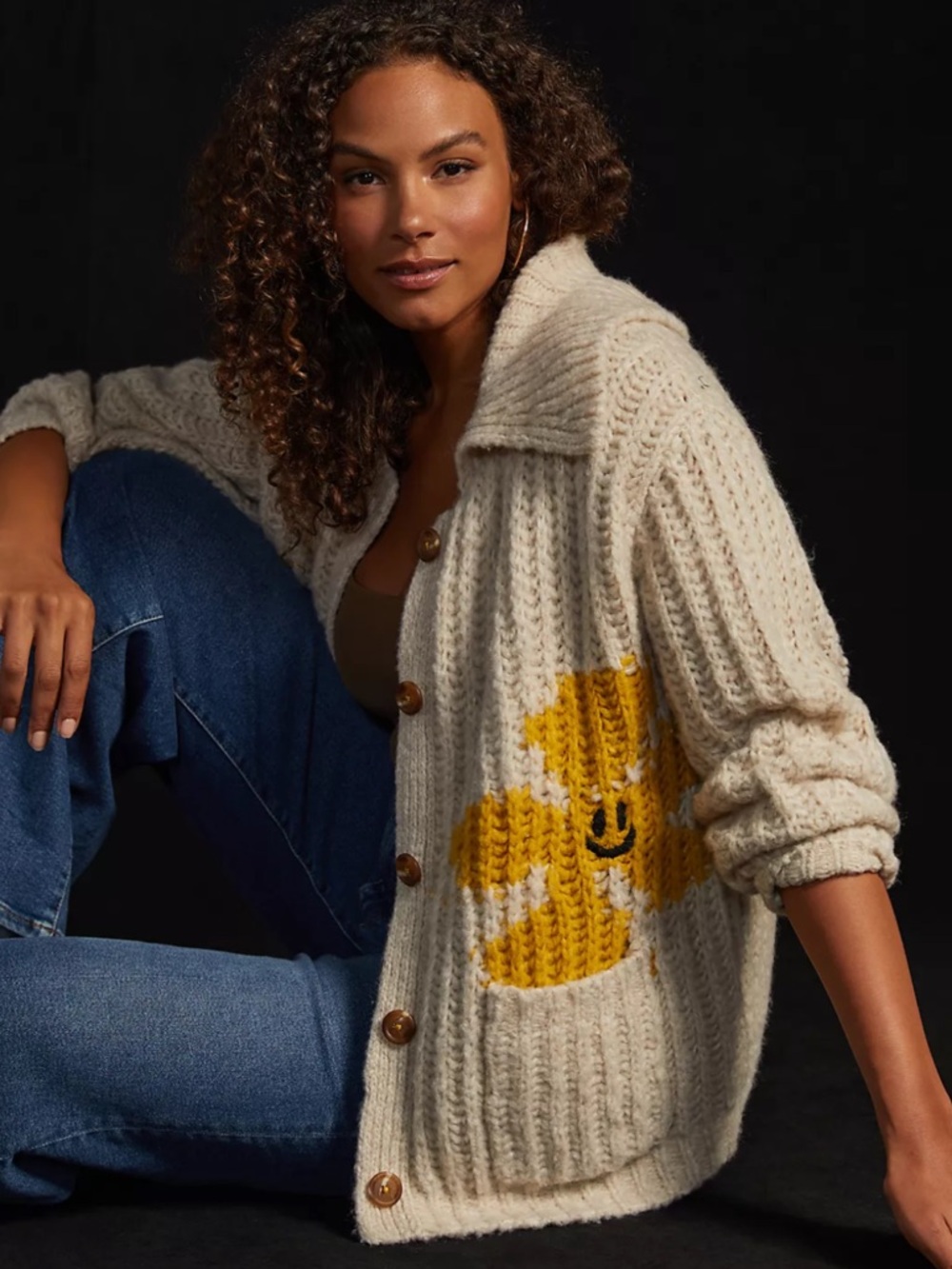 Pilcro Anthropologie Flower Sweater Cardigan Flower Yellow Beige XS